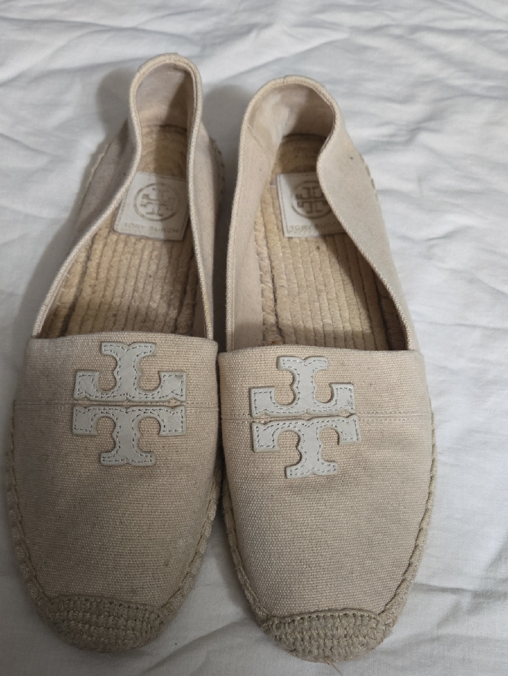 Tory Burch Natural Beige Canvas Logo Espadrille Flats